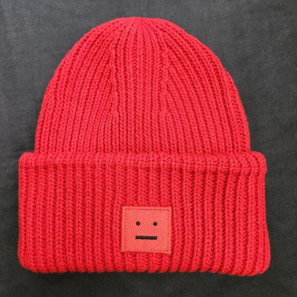 Acne Studios Embroidered Smiley Knitted Hat Red Unisex